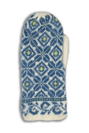 Knitted mitten with blue and white pattern on a white background