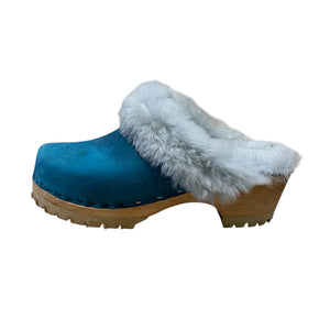 Blue teal leather clog with green fur trim on white background