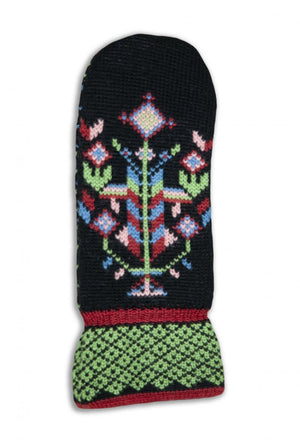 Colorful mitten with knit designs on black