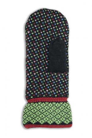 Colorful patterned mitten with green base on a white background