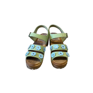 Pistachio/ Light Blue Emma Flower Sandal on our mountain sole