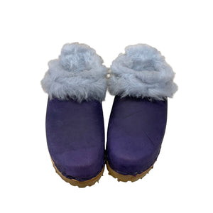 Pair of Purple leather clogs with light blue fur shearling on edge and inside of shoe