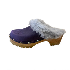 Purple leather wooden clog with gray fur lining on a white background