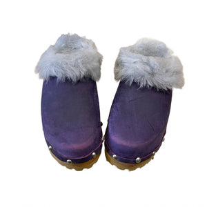 Purple clogs with light blue grey fur trim and silver nails