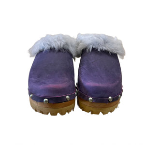 Pair of purple clogs with light blue fur trim on a white background