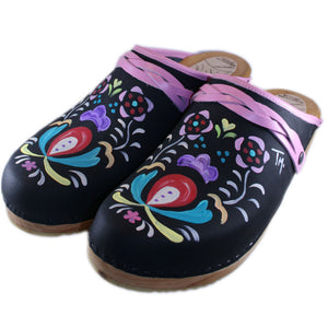 Black Hand painted Astrid Clogs with Rose Pink Strap and Edge