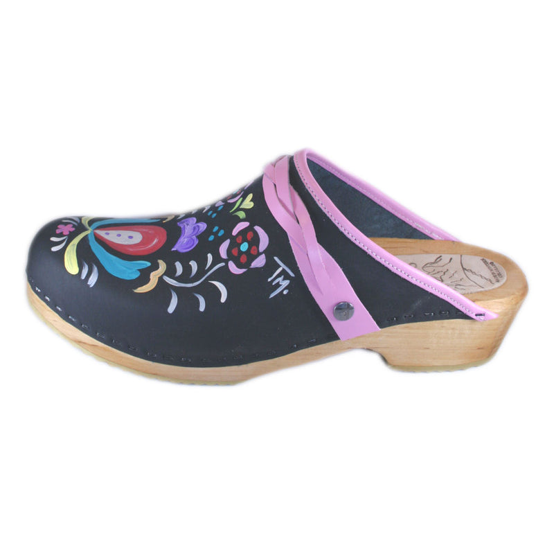 Black Hand painted Astrid Clogs with Rose Pink Strap and Edge