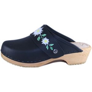 Black traditional heel clogs with hand painted Edelweiss snap strap
