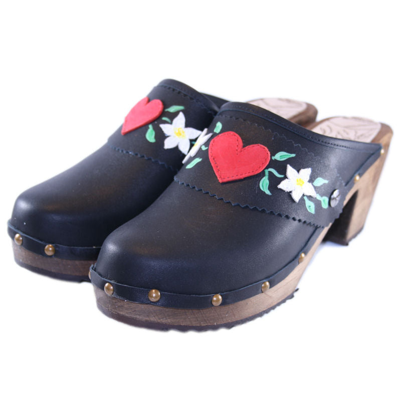 Black High Heel Wooden clogs with Decorative Nails