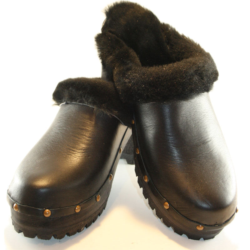 black leather high heel mountain shearling clogs