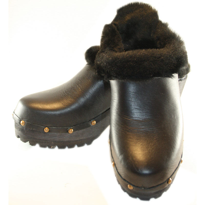 black leather fashion clogs with shearling lining
