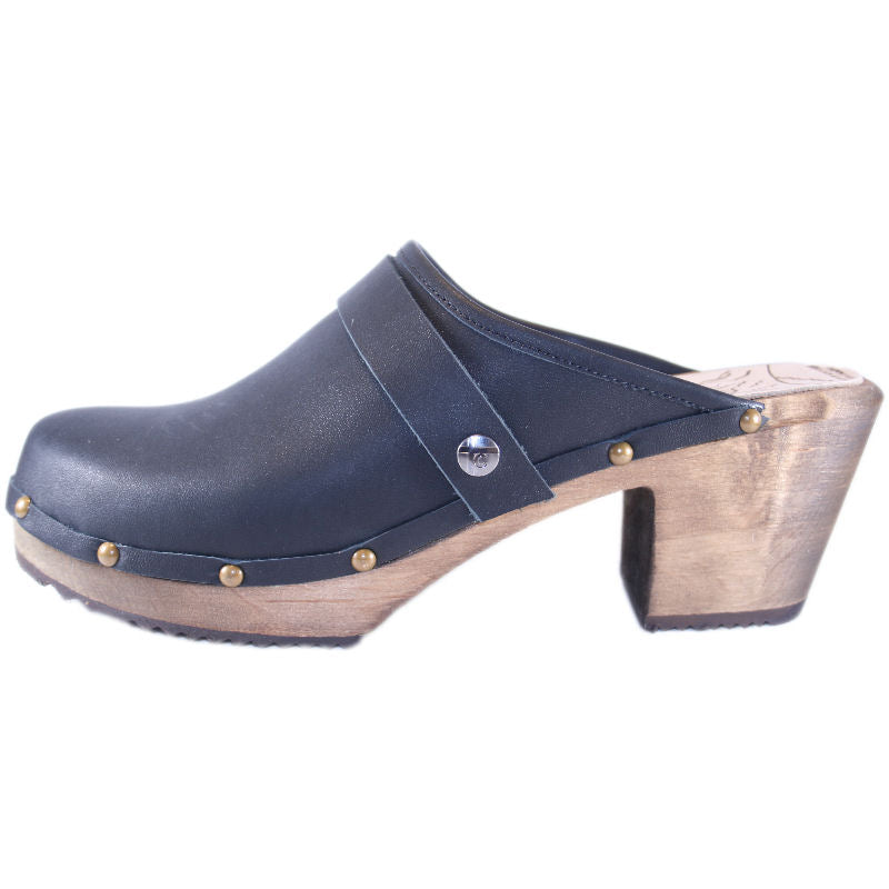 Tessa High Heel Clogs in Black Oil Tanned Leather with decorative nails