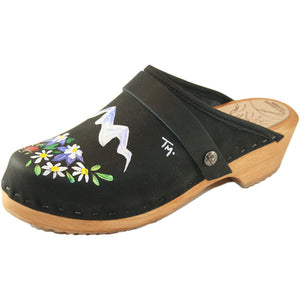 Traditional Heel Black Oil Clog with It takes a Vail Valley design