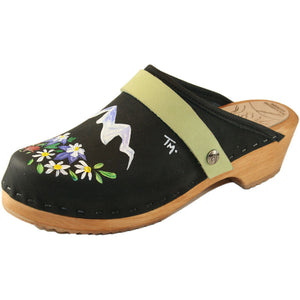 Traditional Heel Black Oil Clog with Hand Painted It takes a Vail Valley design