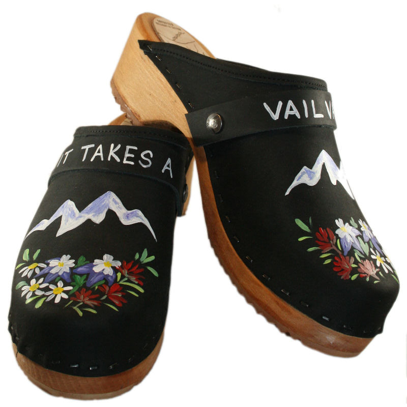 Traditional Heel Black Oil Clog with It takes a Vail Valley design