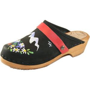 Traditional Heel Black Oil Clog with Hand painted It takes a Vail Valley design