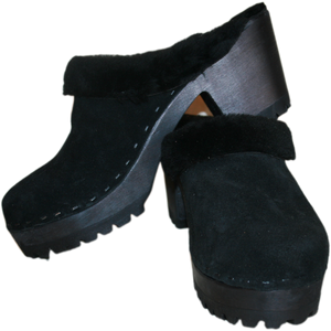 High Heel Mountain Shearling Lined Clogs in Black Suede With Black Shearling