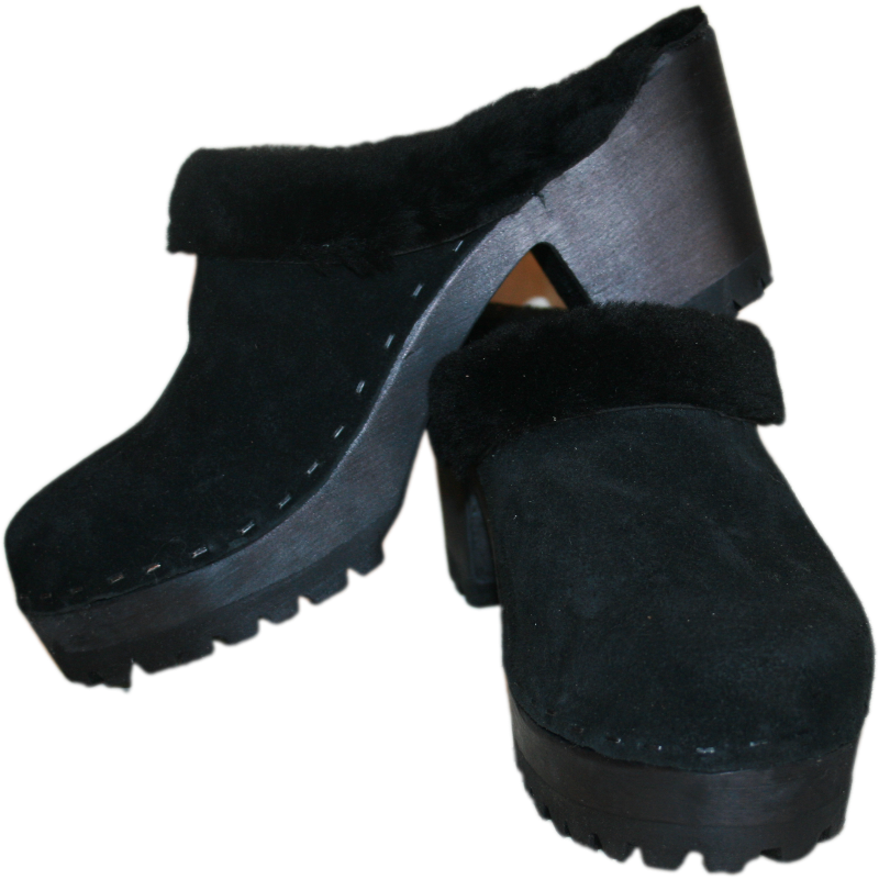High Heel Mountain Shearling Lined Clogs in Black Suede With Black Shearling