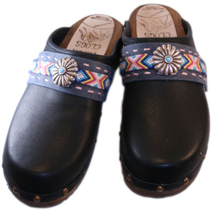 Black Oil Traditional Heel Clog with decorative nails and Boho Strap Denim Aspen