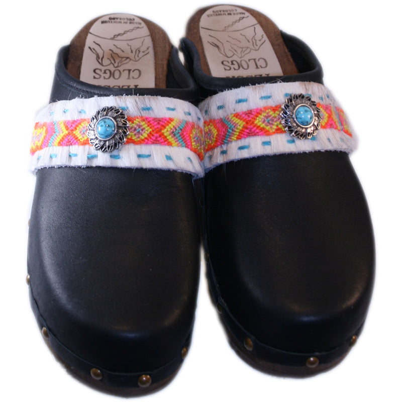 Black Oil Traditional Heel Clog with decorative nails and Boho Strap Ezra