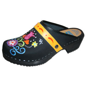 Black Oil Tanned Leather Clogs with Hand Painted Rebecca Design