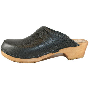 Black Pebbled Leather Men's Clogs with Stapled Strap