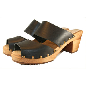 High Heel Two Strap Sandal in Black Leather finished with Decorative Nails