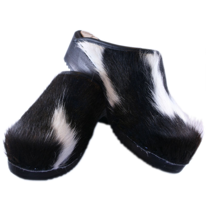 Black and White Pony Traditional Heel Clogs