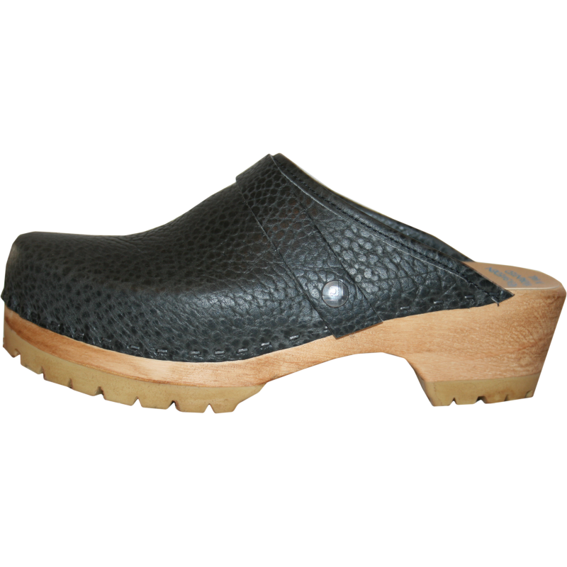 Black Pebbled Leather Natural Stain Mountain Clogs Snap Strap