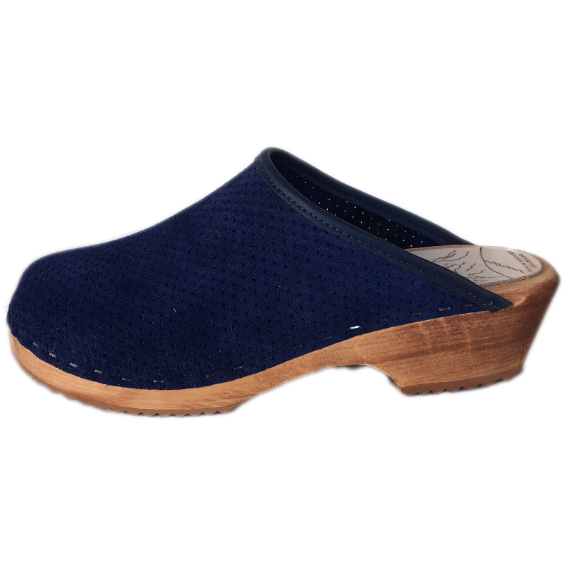Blue Perforated Suede Traditional Heel Tessa Clogs