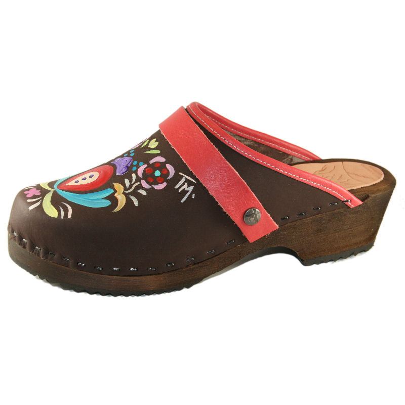 Brown Oil Astrid Hand painted Clog with coral red snap strap