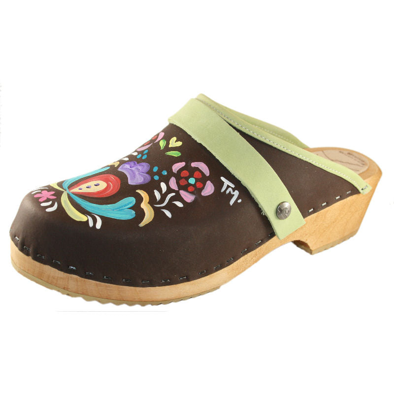 Brown Oil Astrid Hand painted Clog with lime green snap strap
