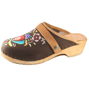 Brown Oil Astrid Hand painted Clog with Tan snap strap