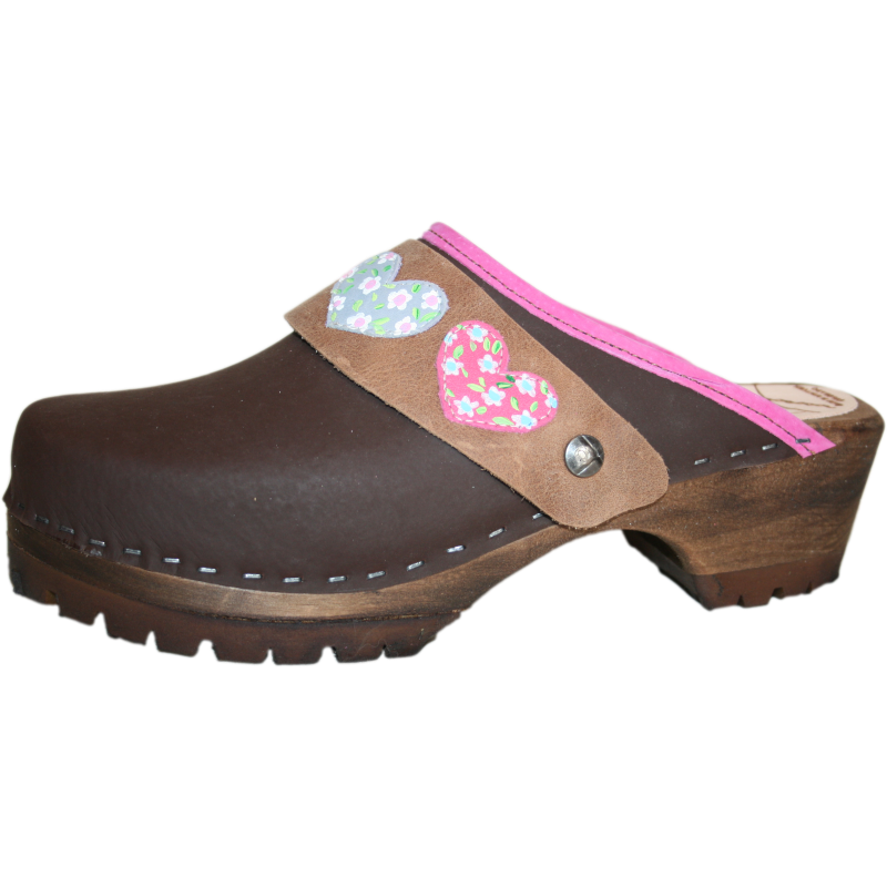 Brown Oil Mountain Clogs with Hot Pink Edge and Sewn Ingrid Heart Strap