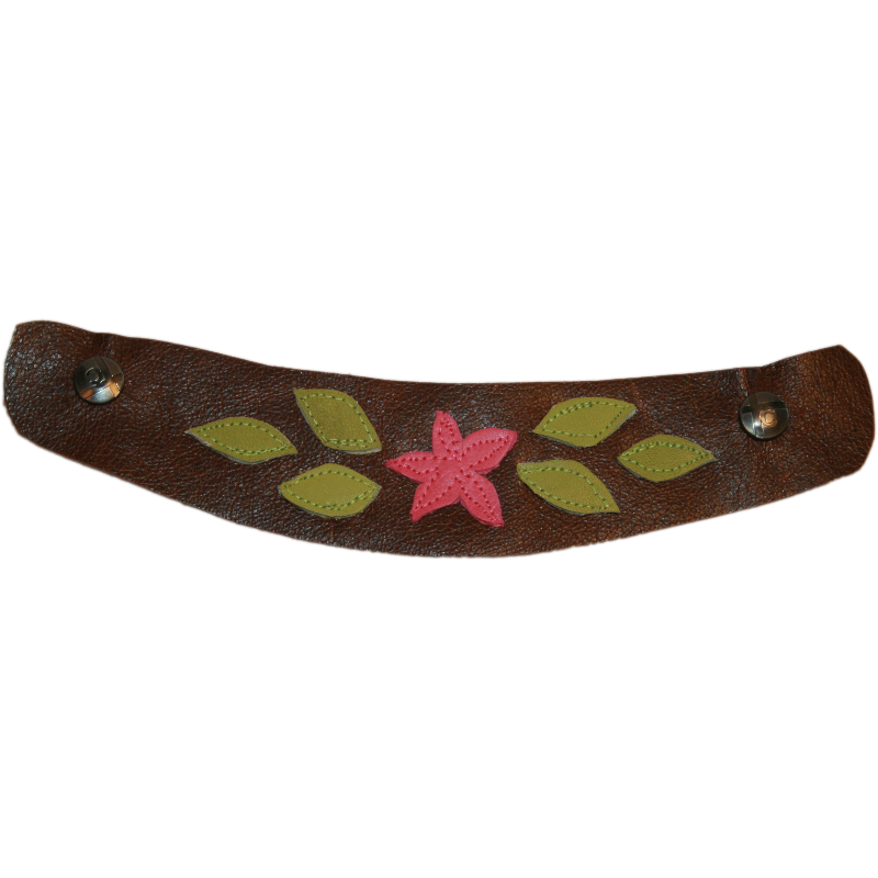 Ivy Sewn Brown Leather Snap Strap with Pink Flower