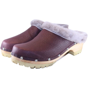 Mountain Sole Pebbled Deep Shiraz Shearling lined clogs with Decorative Nails