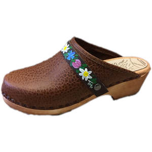 Traditional Heel Caramel Pebbled Leather with Hand Painted Brown Flower bandSnap Strap