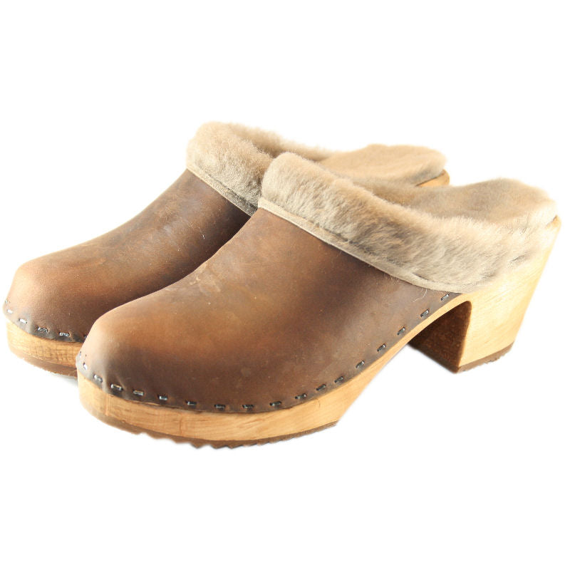 High Heel Sherling lined Clogs in Brown Oil Tanned Leather