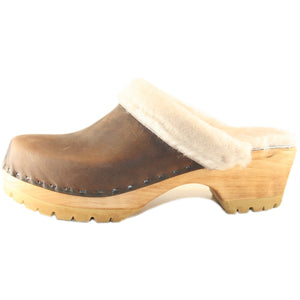 Cream Shearling lined Mountain Clog in Chocolate Leather