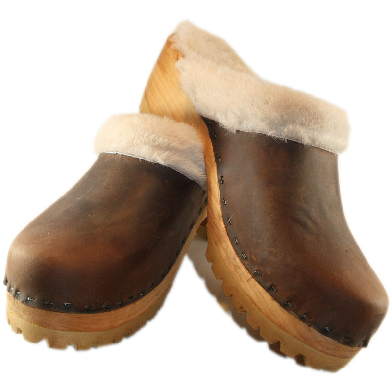 Chocolate Brown Mountain Clogs lined with Cream Shearling