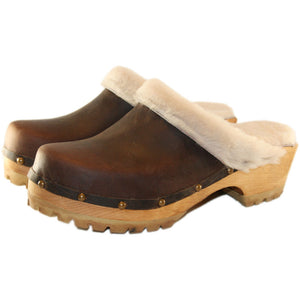 Mountain Clogs in Dark Chocolate Leather  and Cream Shearling