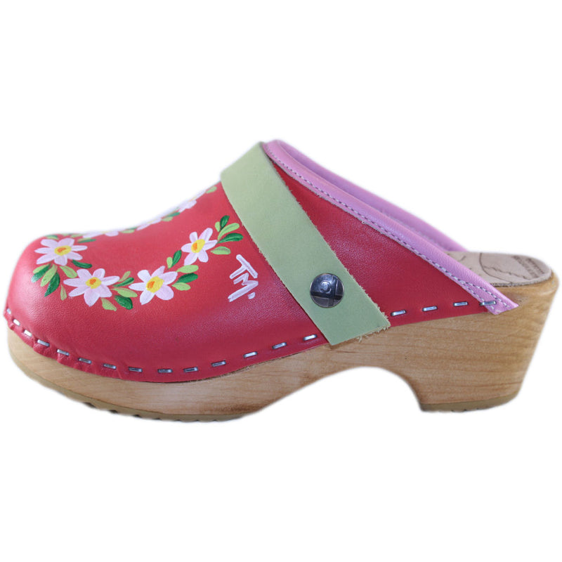 Traditional Heel Clogs in Coral red leather with rose pink edgeband, lime green strap and hand painted daisy design