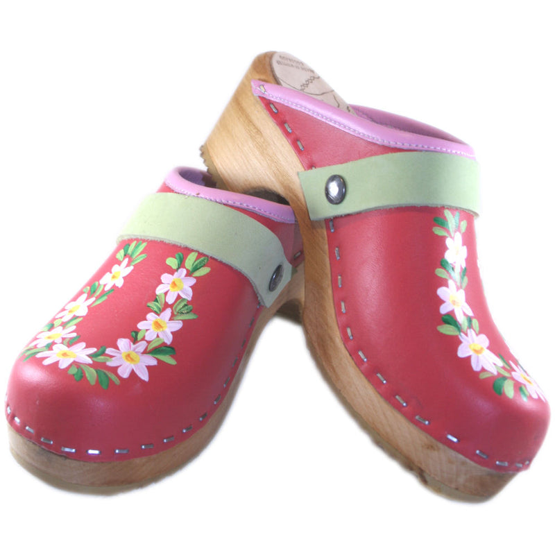 Traditional Heel Clogs in Coral red leather with rose pink edgeband, lime green strap and hand painted daisy design