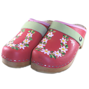 Traditional Heel Clogs in Coral red leather with rose pink edgeband, lime green strap and hand painted daisy design 
