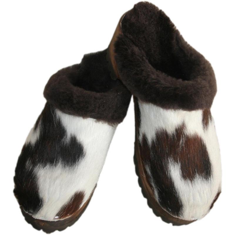 Brown,White and Black Cowhide Mountain Clogs with Shearling Insole and Edge
