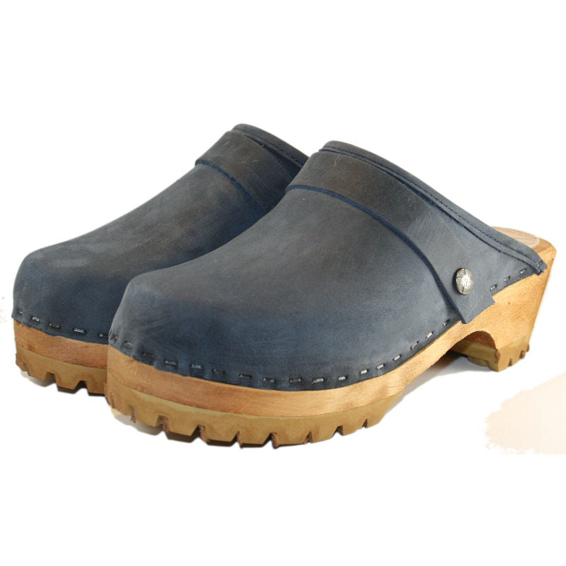 Mountain Sole Clogs in Denim Blue  Oil Tanned Leather with Snap Strap