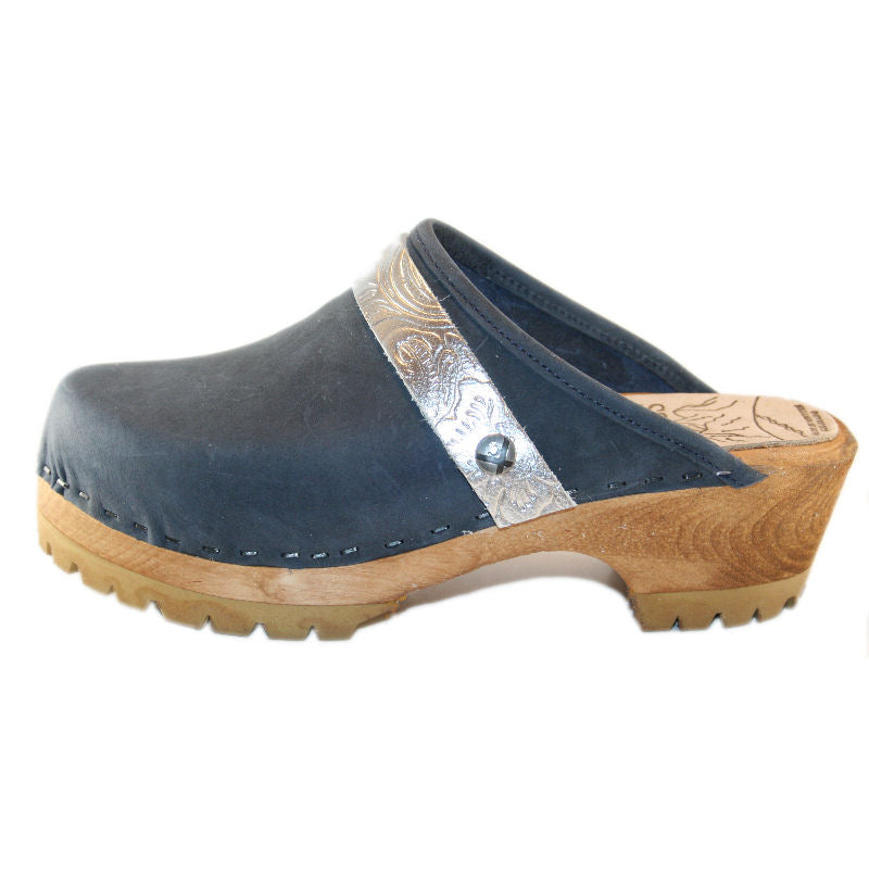 Denim Blue Mountain Clog with Silver Embossed Strap