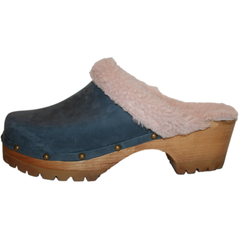 Denim Blue Shearling Lined Mountain Clogs finished with Decorative Nails
