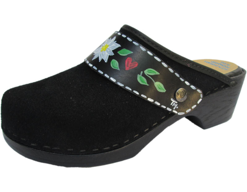 Flexible Tessa Clog in Black Suede and a Edelweiss Strap