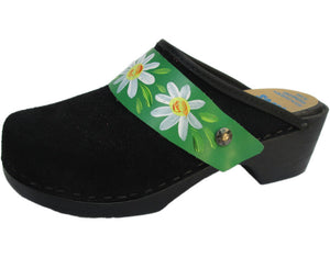Flexible Tessa Clog in Black Suede and a Green Daisy Strap
